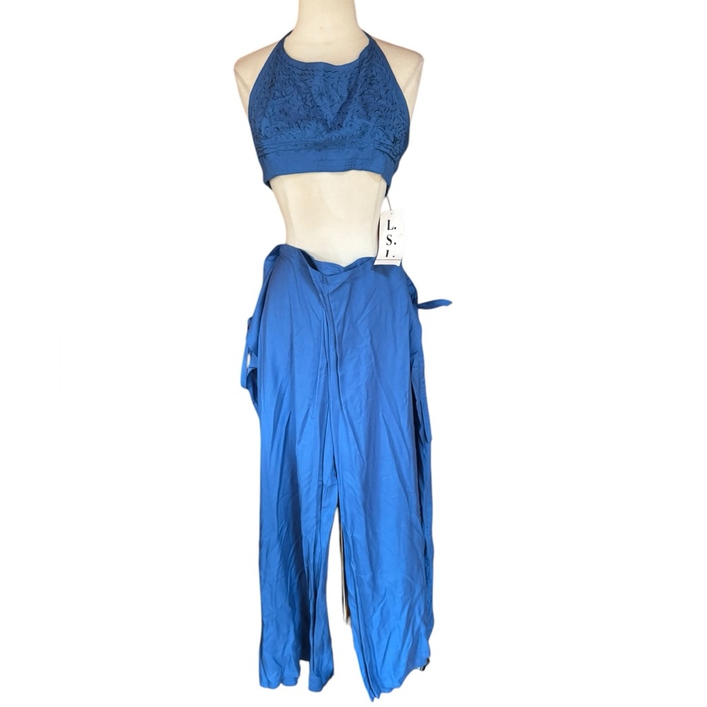 NWT 1990s L.S.I.‎ Blue Embroidered Rayon Halter Top and Palazzo Pants Set